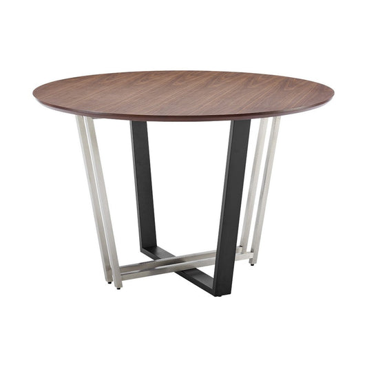 Leyne 48" Round Dining Table | Stainless Steel & Black Iron | Walnut Veneer