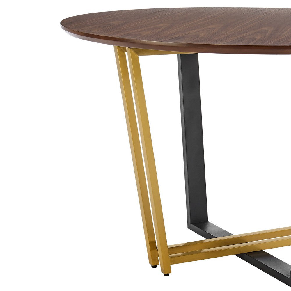 Leyne 48’’ Round Dining Table | Gold Steel & Black Iron | Walnut Veneer