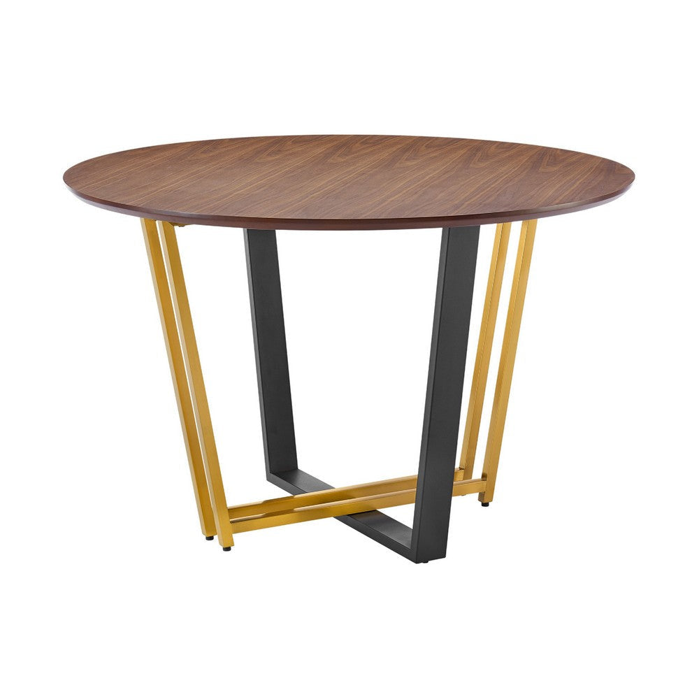 Leyne 48" Round Dining Table | Gold Steel & Black Iron | Walnut Veneer