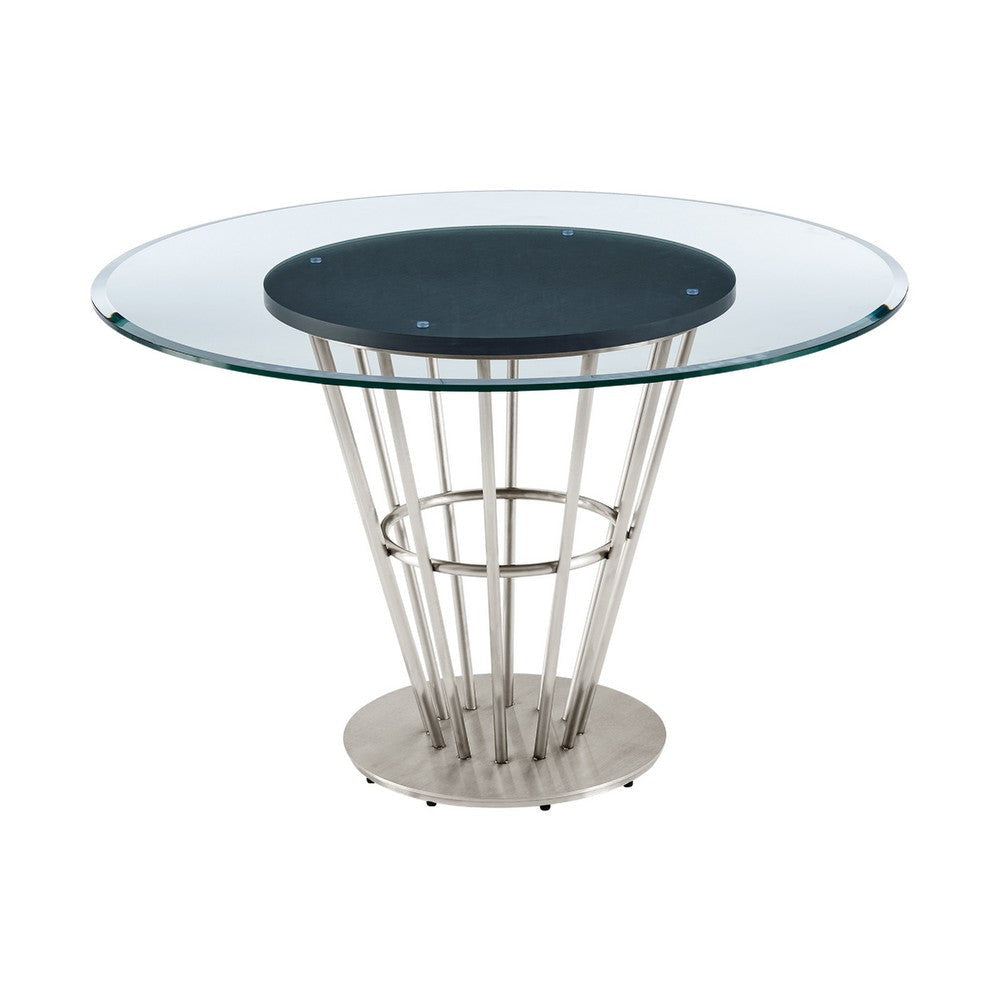 Vena Dining Table | Brushed Steel | Brown Wood | 48’’ Glass Top