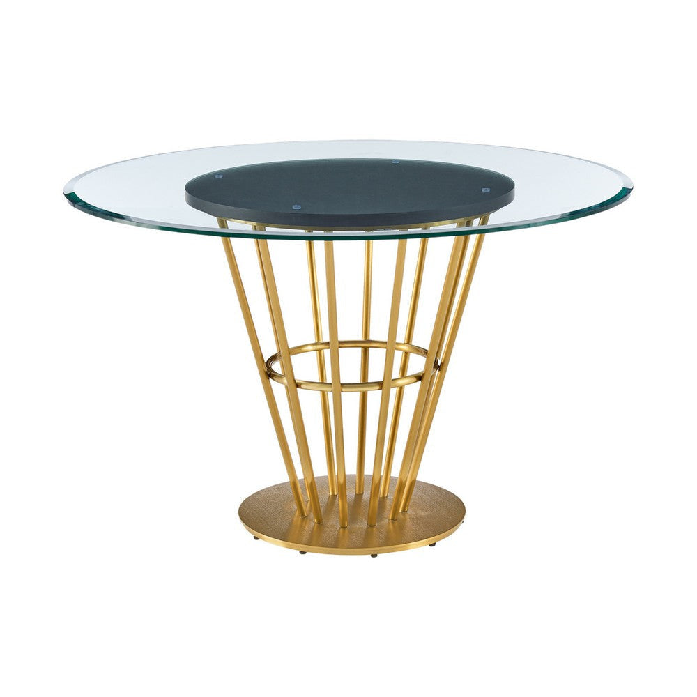 Vena Dining Table | Gold Stainless Steel | Brown Wood | 48’’ Glass Top
