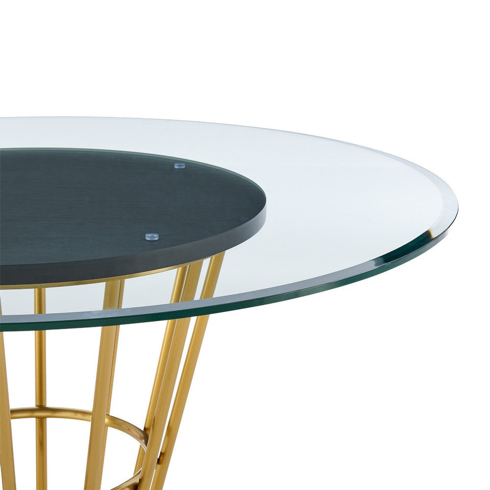 Vena Dining Table | Gold Stainless Steel | Brown Wood | 48’’ Glass Top