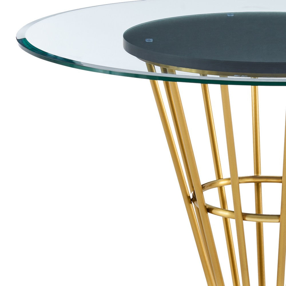 Vena Dining Table | Gold Stainless Steel | Brown Wood | 48’’ Glass Top