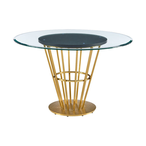Vena Dining Table | Gold Stainless Steel | Brown Wood | 48" Glass Top