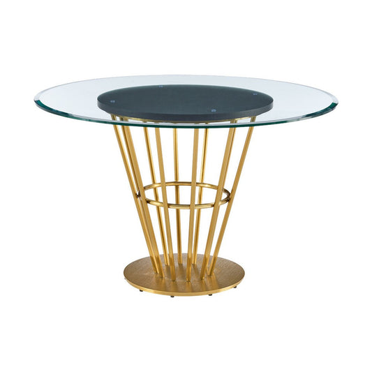 Vena Dining Table | Gold Stainless Steel | Brown Wood | 48" Glass Top