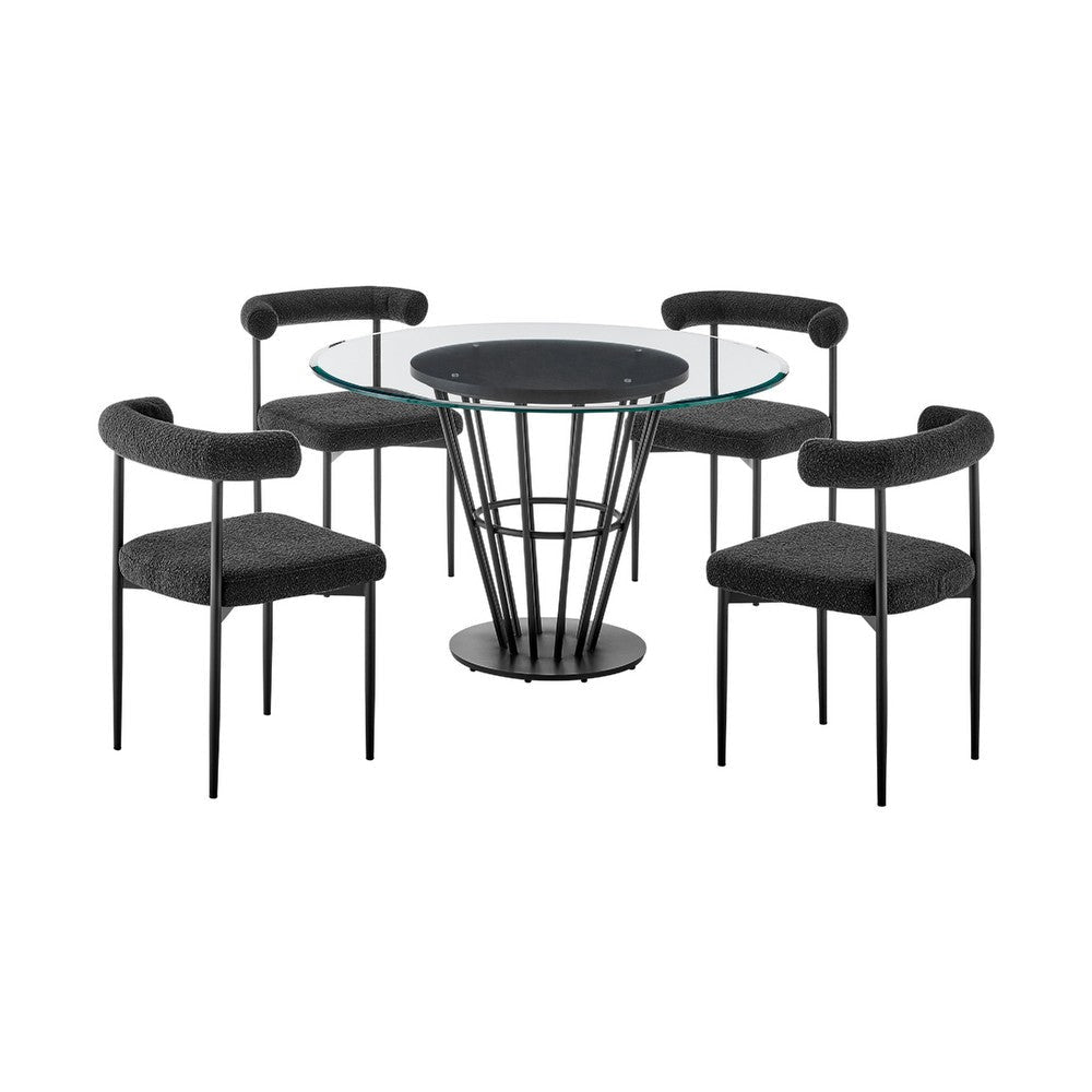 Vena Shany 5pc Dining Table & 4 Chairs Set | Black Iron | Glass Top