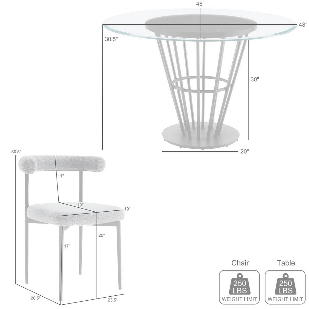 Vena Shany 5pc Dining Table & 4 Gray Chairs Set | Black Iron | Glass Top