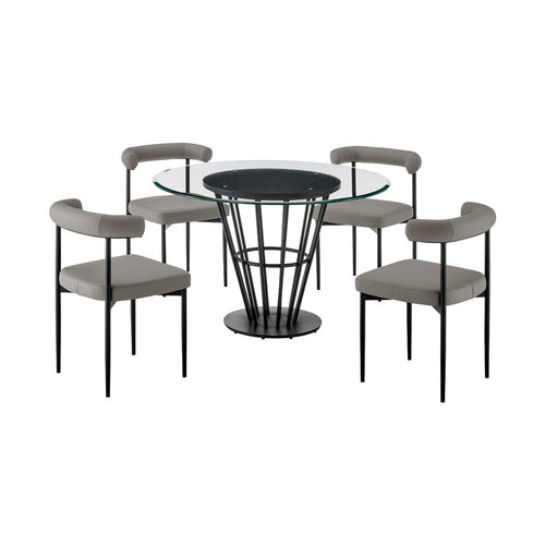Vena Shany 5pc Dining Table & 4 Gray Chairs Set | Black Iron | Glass Top