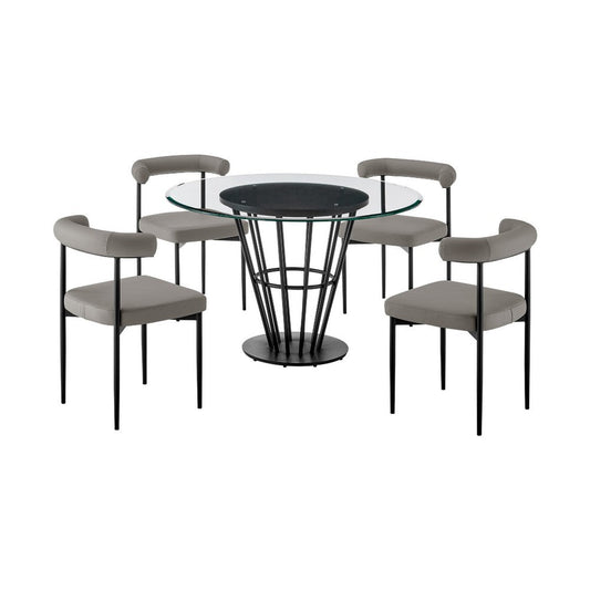Vena Shany 5pc Dining Table & 4 Gray Chairs Set | Black Iron | Glass Top