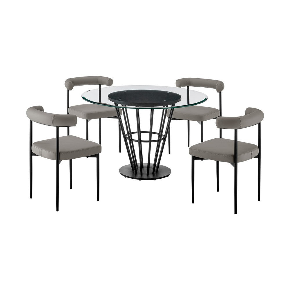 Vena Shany 5pc Dining Table & 4 Gray Chairs Set | Black Iron | Glass Top