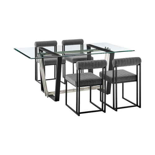 Danie Tasie 5pc Glass Top Dining Table Set w 4 Gray Chairs | Black Iron