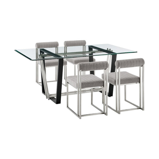 Danie Tasie 5pc Glass Top Dining Table Set w 4 Gray Chairs | Silver Steel