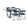 Danie Tasie 5pc Glass Top Dining Table Set w 4 Blue Chairs | Silver Steel