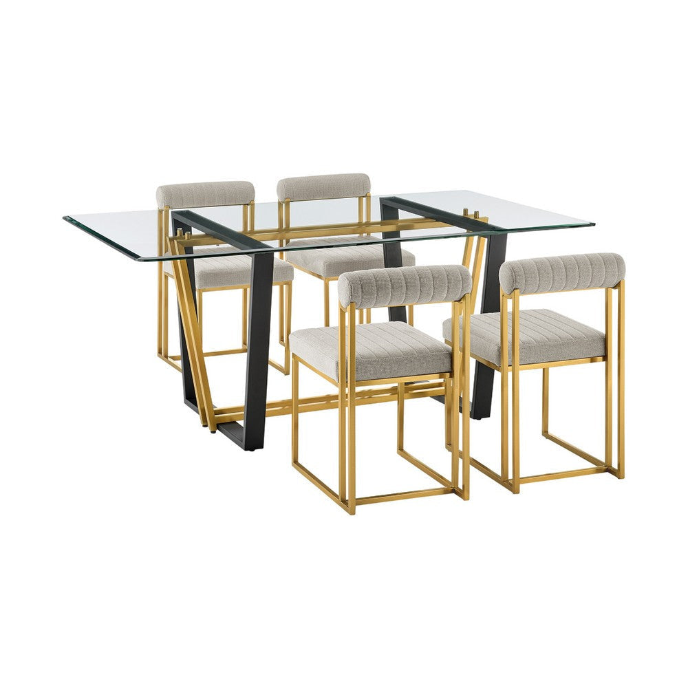 Danie Tasie 5pc Glass Dining Table Set | Gold Steel | 4 Taupe Polyester Chairs