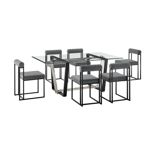 Danie Tasie 7pc Glass Dining Table Set | Black Iron | 6 Gray Polyester Chairs