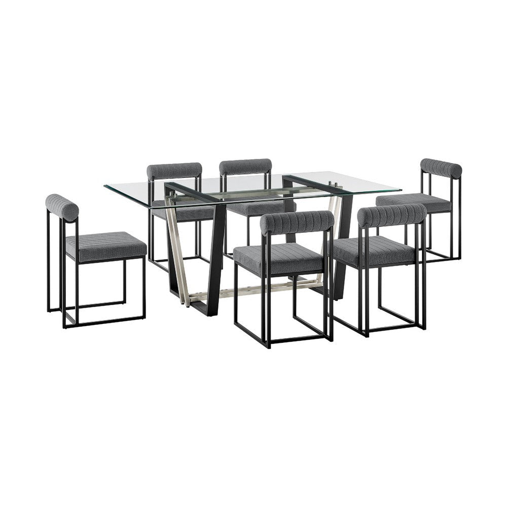 Danie Tasie 7pc Glass Dining Table Set | Black Iron | 6 Gray Polyester Chairs