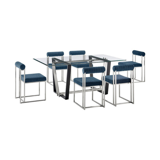 Danie Tasie 7pc Glass Dining Set | Brushed Steel | 6 Blue Polyester Chairs