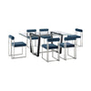 Danie Tasie 7pc Glass Dining Set | Brushed Steel | 6 Blue Polyester Chairs