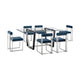 Danie Tasie 7pc Glass Dining Set | Brushed Steel | 6 Blue Polyester Chairs