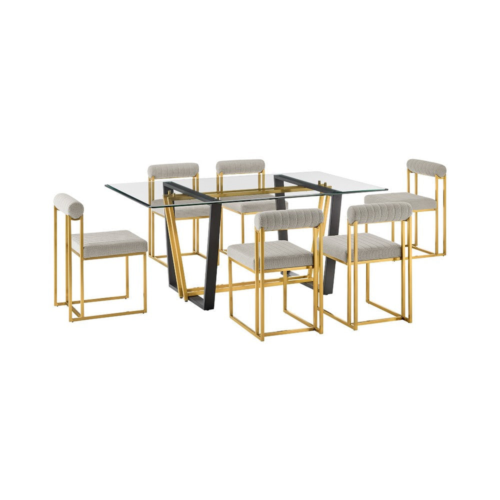 Danie Tasie 7pc Glass Dining Table Set | Gold Brushed Steel | 6 Taupe Chairs