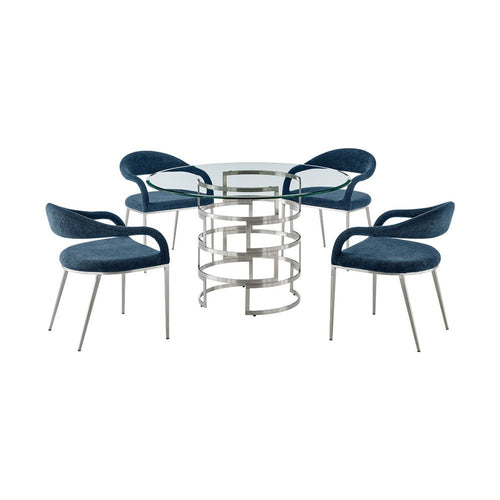 Rorry Morgie 5pc Glass Dining Table Set | Silver Steel Base | 4 Blue Chairs