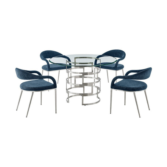 Rorry Morgie 5pc Glass Dining Table Set | Silver Steel Base | 4 Blue Chairs