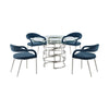 Rorry Morgie 5pc Glass Dining Table Set | Silver Steel Base | 4 Blue Chairs