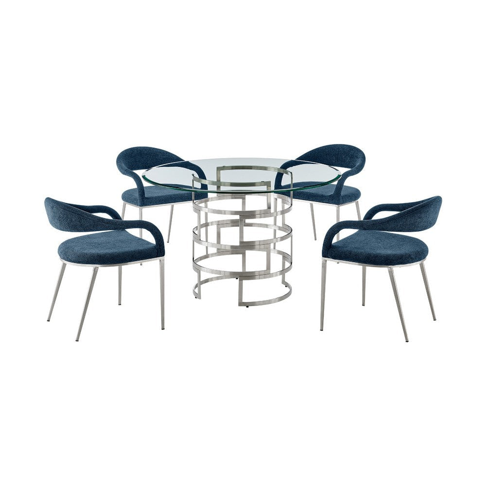 Rorry Morgie 5pc Glass Dining Table Set | Silver Steel Base | 4 Blue Chairs