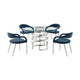 Rorry Morgie 5pc Glass Dining Table Set | Silver Steel Base | 4 Blue Chairs