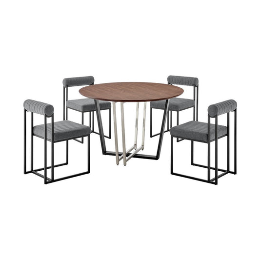 Leyne Tasie 5 Piece Dining Table Set | Black Iron | Brown Top | 4 Gray Chairs