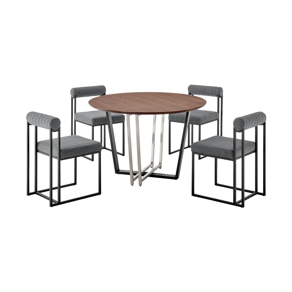 Leyne Tasie 5 Piece Dining Table Set | Black Iron | Brown Top | 4 Gray Chairs