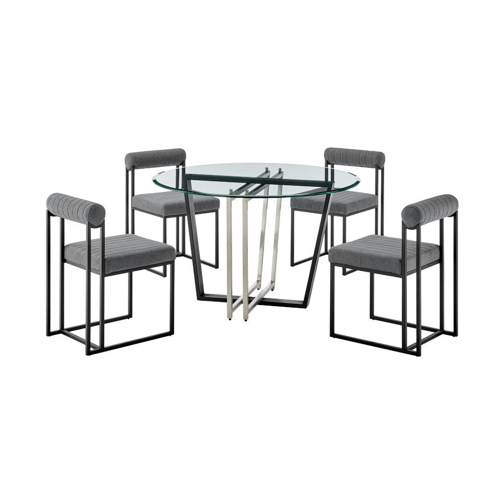 Sanaya Anastasia 5pc Dining Table Set | Glass Top & Black Iron | 4 Gray Chairs