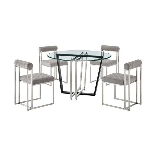 Sanaya Anastasia 5pc Dining Table Set | Glass Top & Iron | 4 Light Gray Chairs