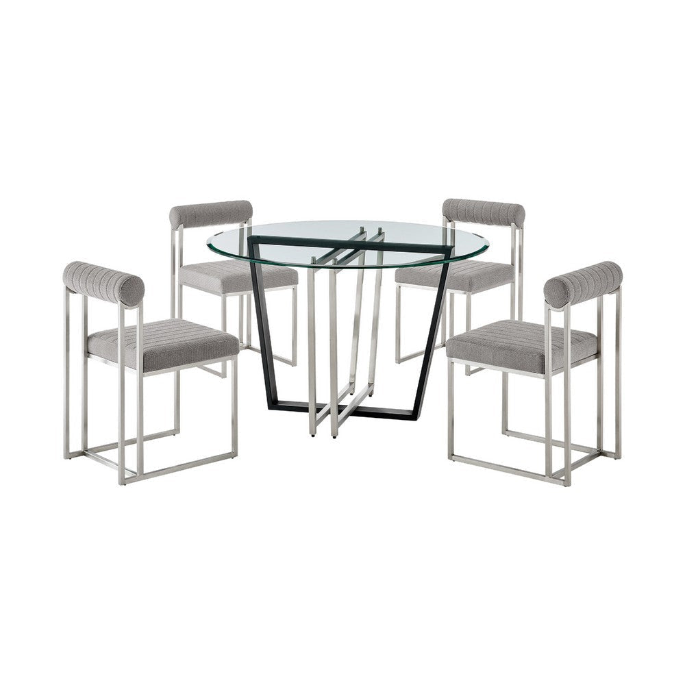 Sanaya Anastasia 5pc Dining Table Set | Glass Top & Iron | 4 Light Gray Chairs