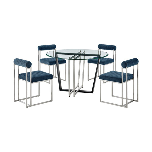 Sanaya Anastasia 5pc Dining Table Set | Glass Top & Steel | 4 Blue Chairs