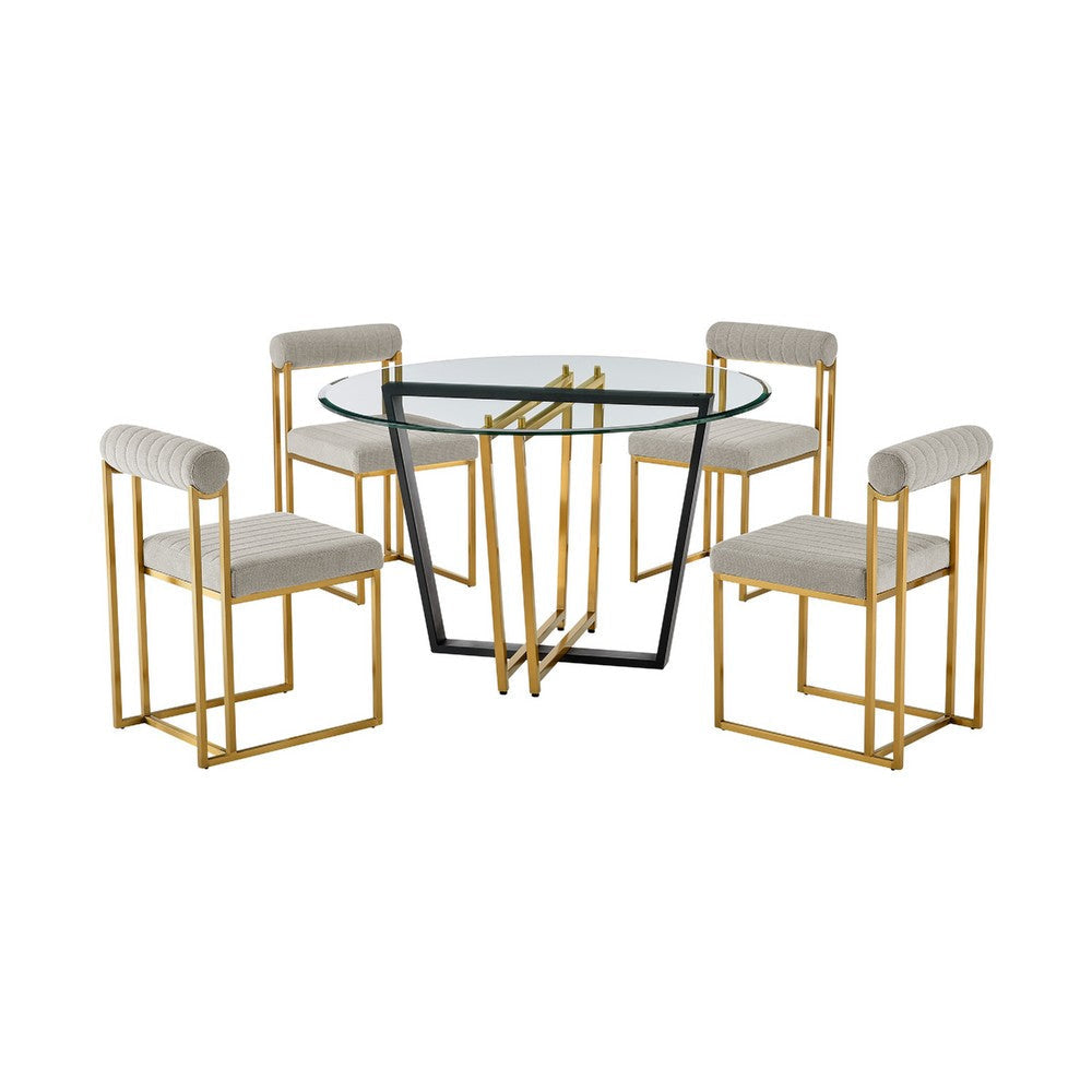 Sanaya Anastasia 5pc Dining Table Set | Glass Top & Gold Steel | 4 Taupe Chairs