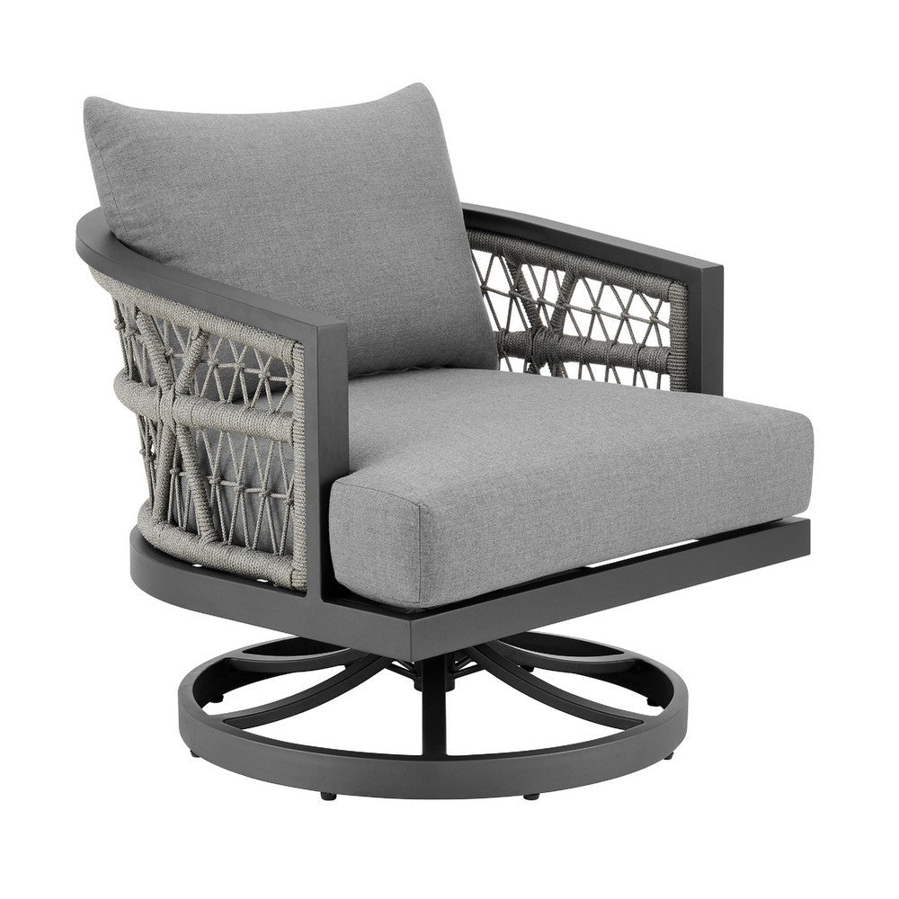 Hosa Outdoor 3 Piece Swivel Chair Set w Coffee Table | Light Gray Rope & Cushions BM339068