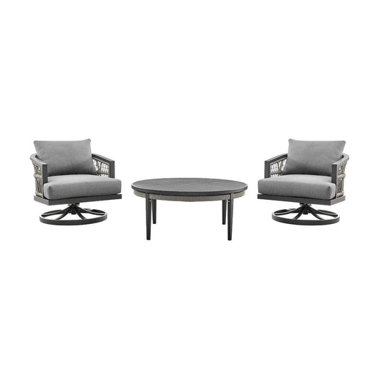 Hosa Outdoor 3 Piece Swivel Chair Set w Coffee Table | Light Gray Rope & Cushions