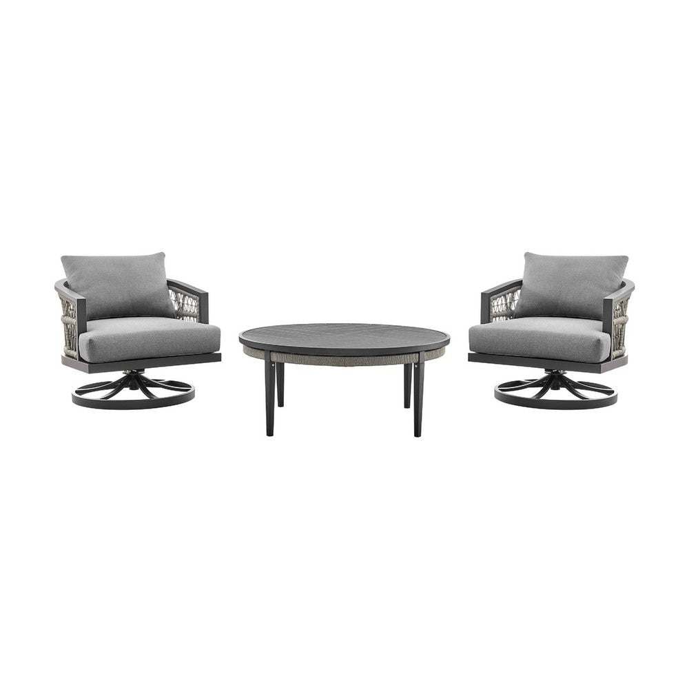 Hosa Outdoor 3 Piece Swivel Chair Set w Coffee Table | Light Gray Rope & Cushions