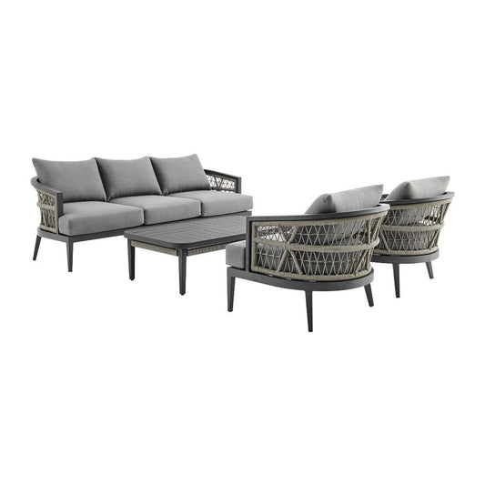 Hosa 4pc Outdoor Social Set w Coffee Table Chairs & Sofa | Light Gray Rope