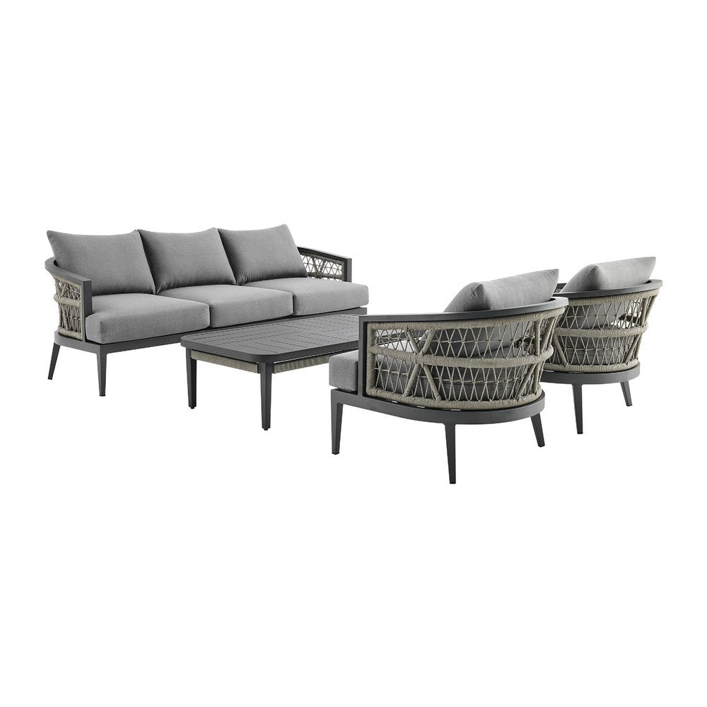 Hosa 4pc Outdoor Social Set w Coffee Table Chairs & Sofa | Light Gray Rope