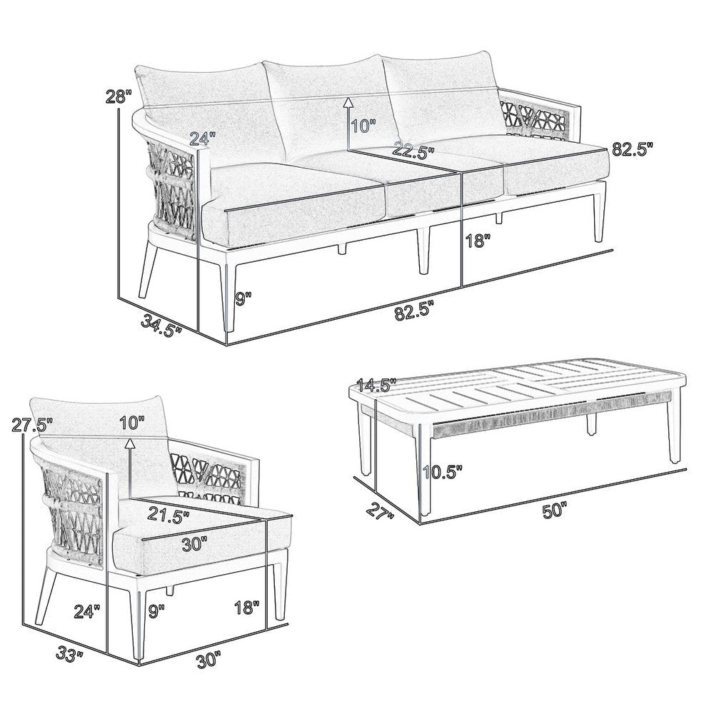 Hosa 4pc Outdoor Social Set w Coffee Table Chairs & Sofa | Light Gray Rope BM339069