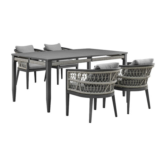 Hosa 5pc Outdoor Dining Table Set w 4 Cushioned Chairs | Light Gray Rope