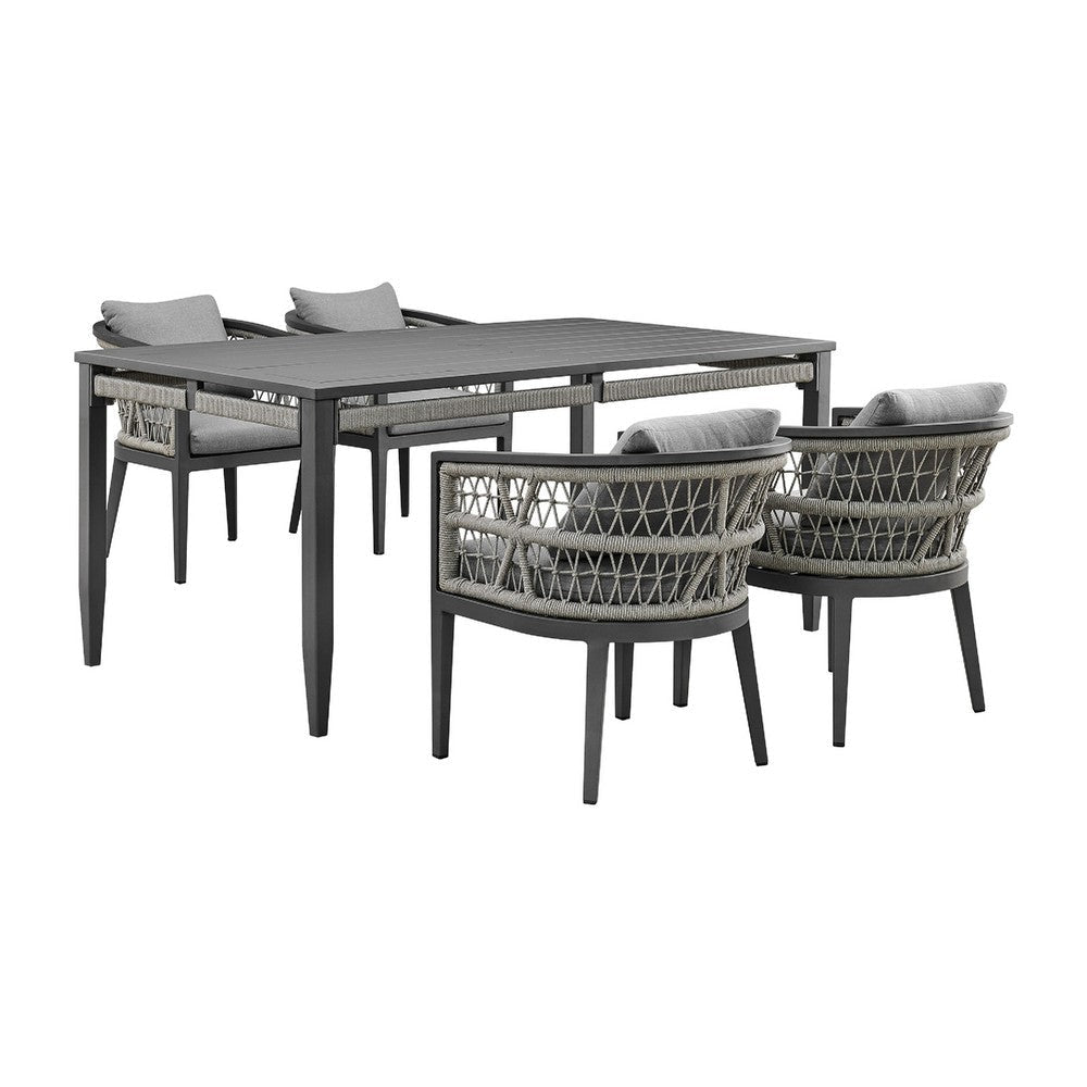 Hosa 5pc Outdoor Dining Table Set w 4 Cushioned Chairs | Light Gray Rope