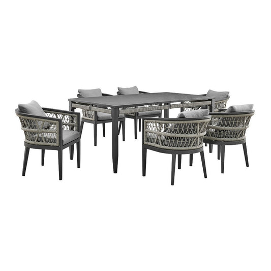 Hosa 5pc Outdoor Dining Table Set w 6 Cushioned Chairs | Light Gray Rope