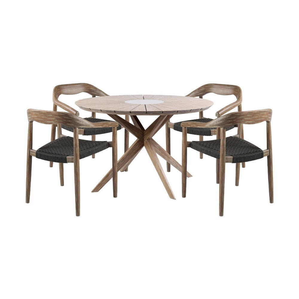 Siana Neka Outdoor 5pc Dining Table Set | 4 Brown Wood Chairs | Charcoal Rope