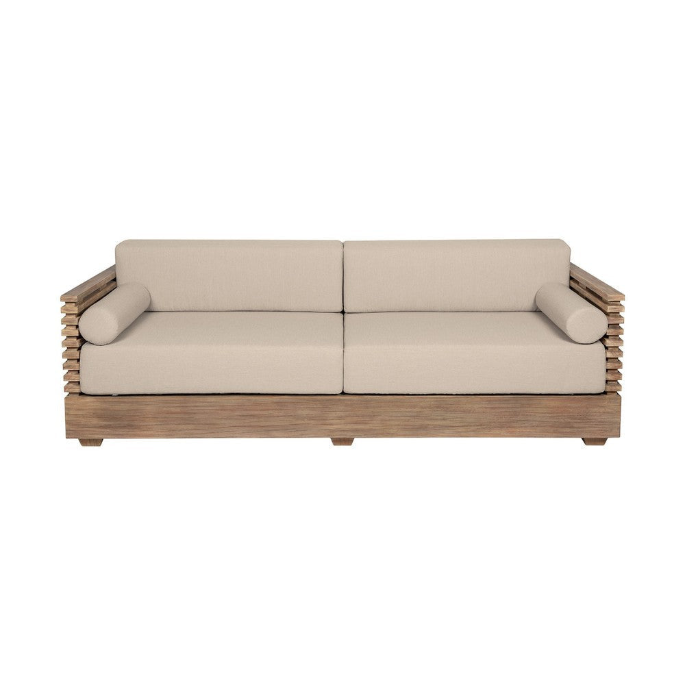 Hida 83" Outdoor Sofa w 2 Bolster Pillows | Brown | Taupe Olefin Cushions