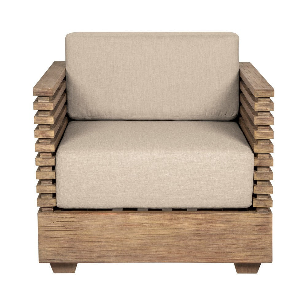 Hida Outdoor Armchair | Brown Eucalyptus Wood | Taupe Olefin Cushions BM339077