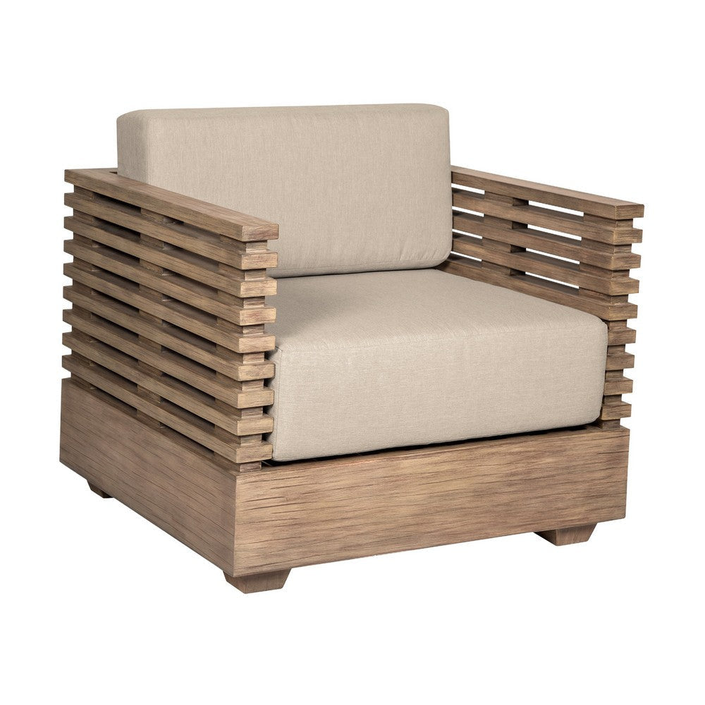 Hida Outdoor Armchair | Brown Eucalyptus Wood | Taupe Olefin Cushions