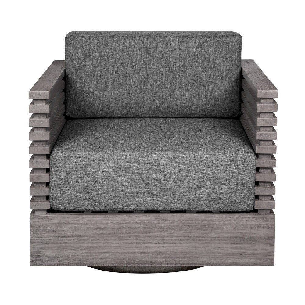 Hida Outdoor Swivel Chair | Gray Eucalyptus Wood | Gray Olefin Cushions